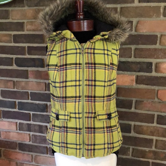 Plaid Vest with Fur Hood - Picture 1 of 4